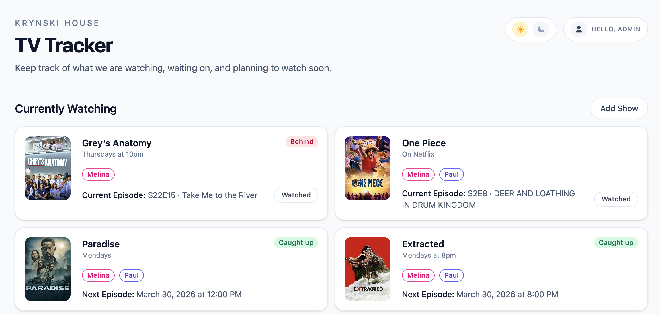 TV Tracker dashboard showing currently watching shows and episode progress.